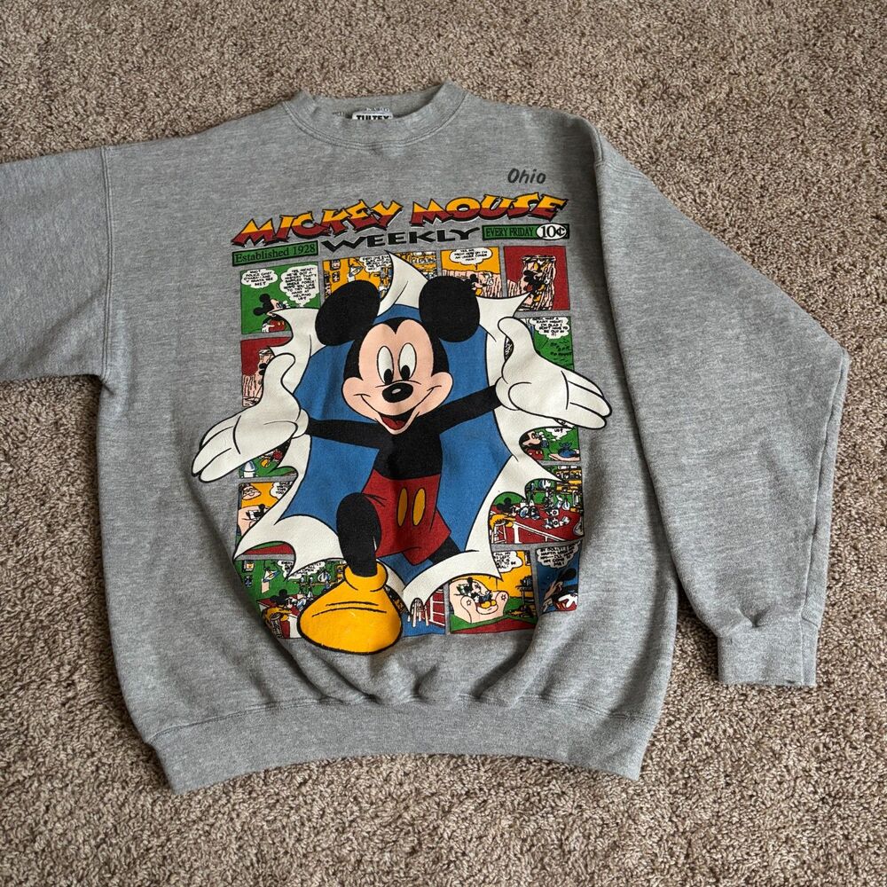 Vintage Mickey Mouse Sweatshirt Unisex M Gray Crew Cotton Blend Made in USA